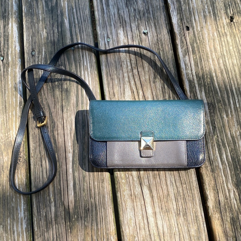Furla teal, black and charcoal crossbody bag with pyramid clasp